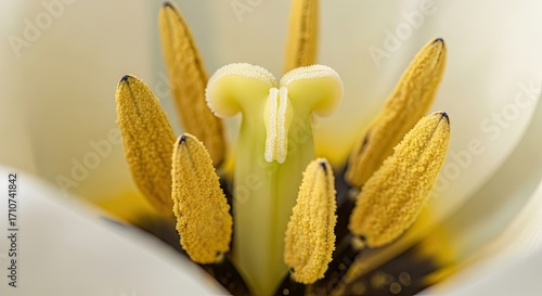 Close-up view of a white tulip's intricate pistil and stamens.