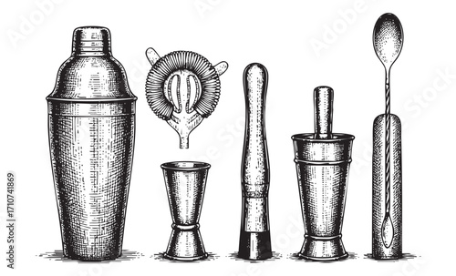 A Complete Set of Professional Bartender Tools for Mixology, Hand Drawn Vintage Vector Illustration of Bar Equipment