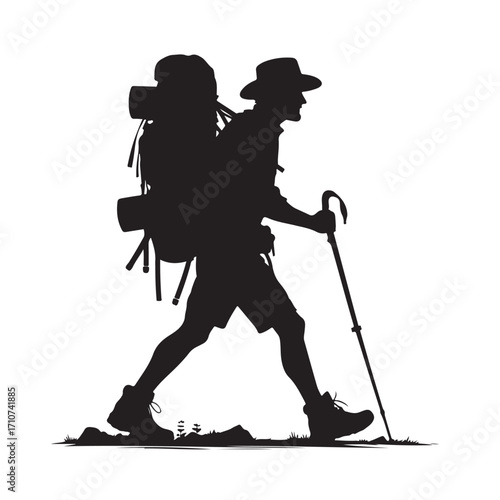 Hiker silhouette with backpack and walking stick