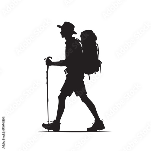 Hiker silhouette with backpack and walking stick