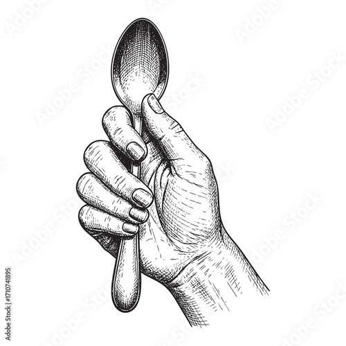 Detailed Hand Drawn Sketch of a Hand Holding a Teaspoon, Vintage Engraving Vector for Food and Dining Concepts