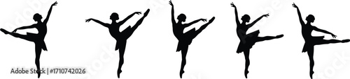 Black silhouette of ballerina dancers performing ballet poses with raised arms and legs, elegant female dancer illustration, classical dance performance design