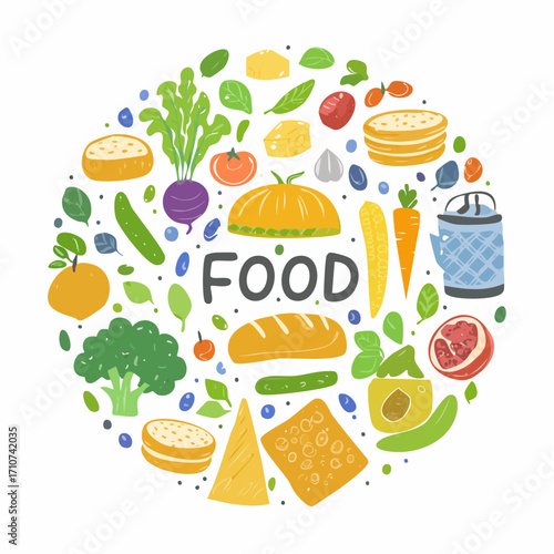 Healthy Food Circle with Fruits and Vegetables