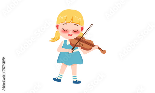 A young girl playing the violin, with a happy expression, light blue dress, and blonde hair.