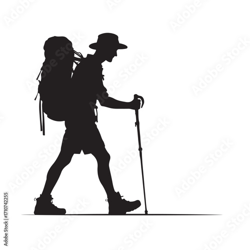 Hiker silhouette with backpack and walking stick