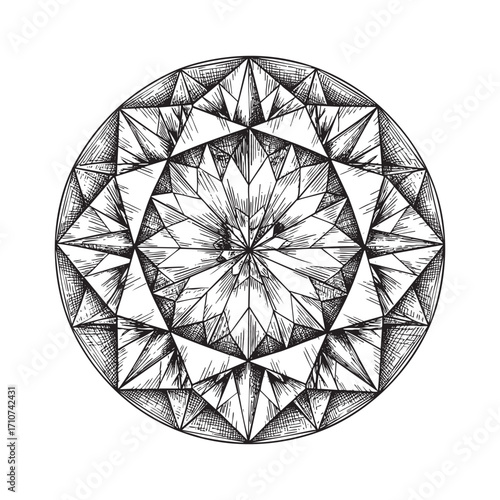 Top-Down View of a Perfectly Cut Round Diamond, Hand Drawn Geometric Gemstone Illustration in Engraving Style