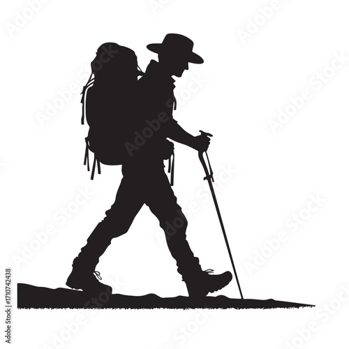 Hiker silhouette with backpack and walking stick
