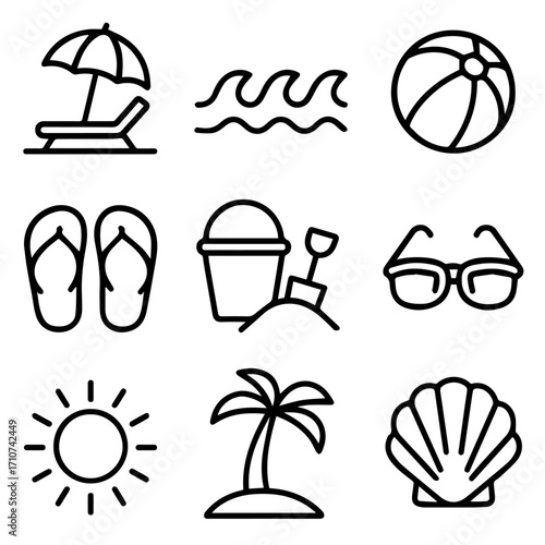 Summer Vacation Icons Beach Chair Waves Ball FlipFlops Sand Bucket Glasses Sun Palm Tree Seashell.