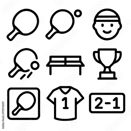 Table Tennis Icons Paddles Player Table Trophy Jersey and Scoreboard.