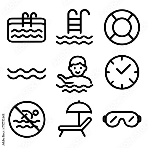 Swimming Pool and Beach Icons Ladder Swimmer Lifebuoy Waves Clock and More.