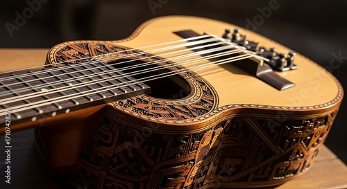 Close up of a traditional stringed instrument with intricate carvings.