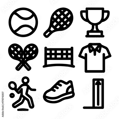 Tennis Sport Equipment Icons Ball Racquet Trophy Net Shirt Player Shoe and Court.