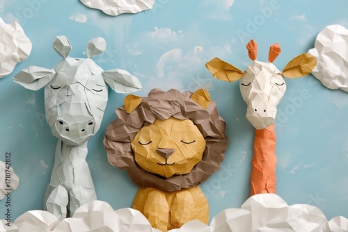 Cute handmade clay animals lion and giraffes in a cloudy sky