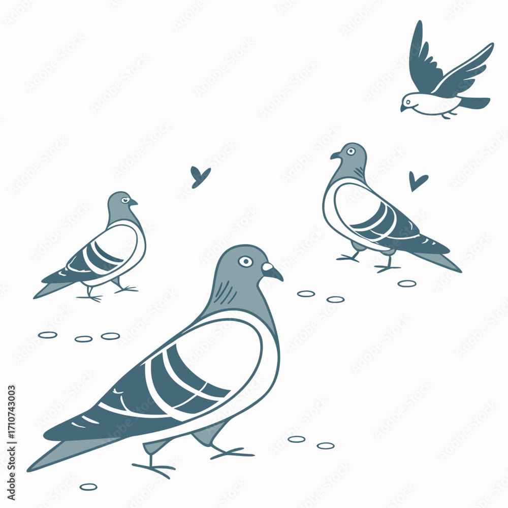 Obraz premium A charming illustration featuring a group of stylized pigeons in various poses on a clean white background
