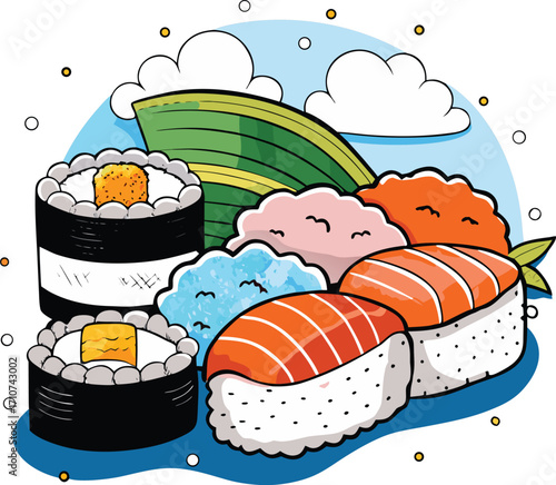 Salmon tuna nigiri and maki sushi rolls with clouds and sky maki rolls