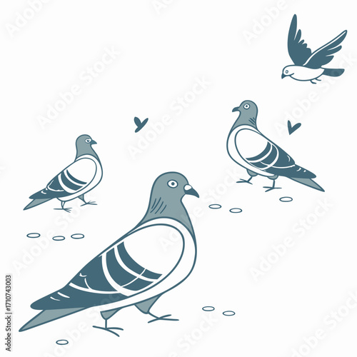 A charming illustration featuring a group of stylized pigeons in various poses on a clean white background