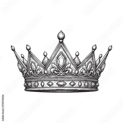 Ornate Royal Crown with Jewels in a Detailed Vintage Engraving Style, Symbol of Monarchy and Power