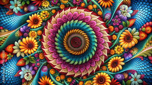 Vibrant Spiral Floral Abstract Artwork with Colorful Mandala Pattern Design