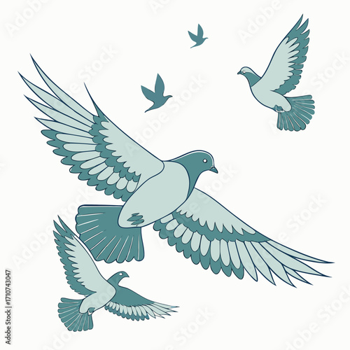 A flock of pigeons soaring gracefully through the sky with wings spread wide