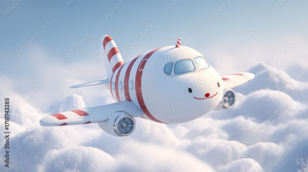 Fototapeta premium A cute 3D cartoon airplane character with a happy smiling face, flying high above the clouds. An illustration for children's travel, family vacations, or a baby shower.