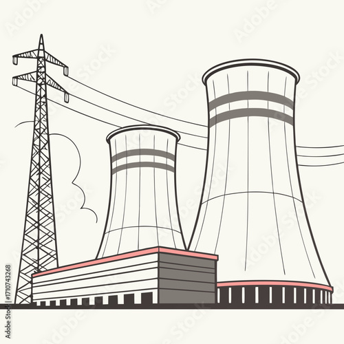 Illustration of a power plant with cooling towers and a transmission tower connected by power lines