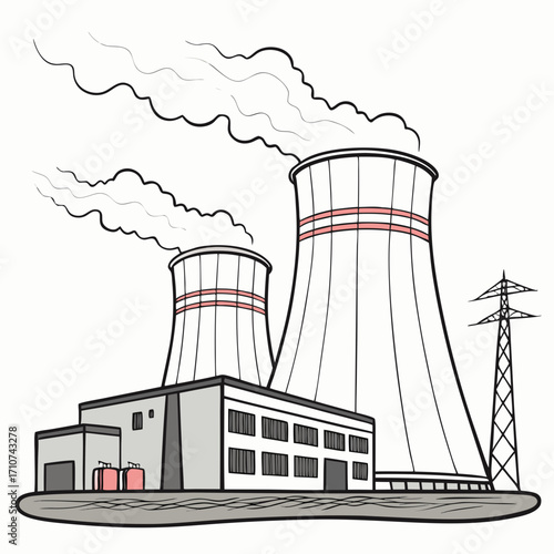 Illustration of a power plant with cooling towers emitting steam and an electrical pylon on a white background