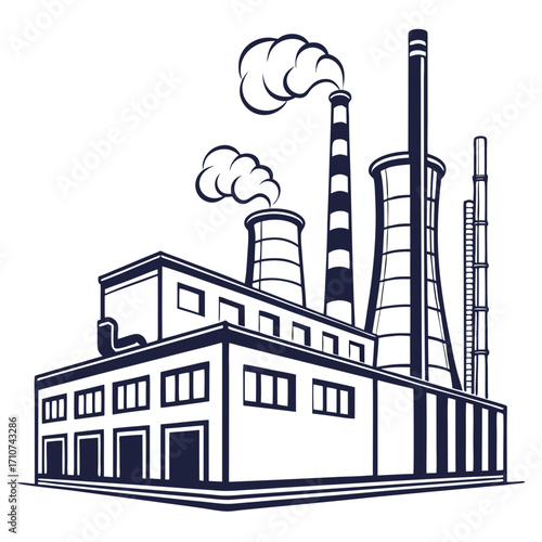 Industrial factory with smokestacks emitting smoke against a white background representing heavy industry and manufacturing