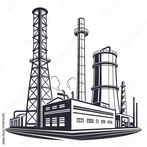 Industrial factory complex with tall smokestacks water tower and manufacturing buildings emitting smoke against a white background