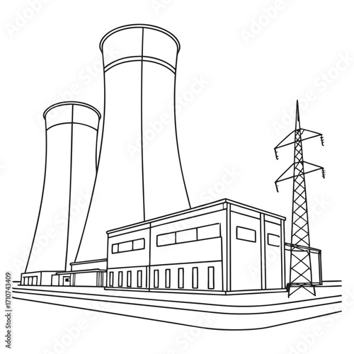 Industrial power plant with two large cooling towers and a transmission tower against a white background