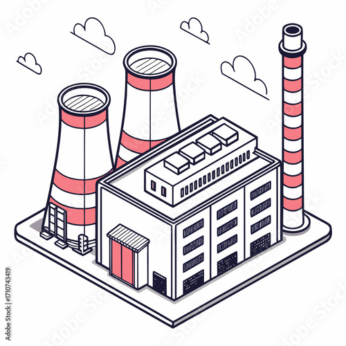 Isometric illustration of a modern industrial factory with cooling towers and a smokestack against a white background with clouds