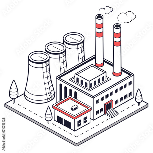 Isometric illustration of a modern industrial factory with cooling towers and smoking chimneys on a white background