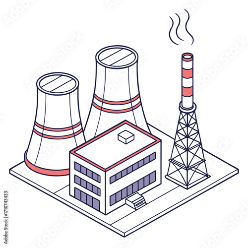Isometric illustration of a modern industrial power plant with cooling towers and a smokestack emitting steam