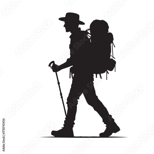 Hiker silhouette with backpack and walking stick