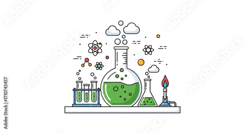 Science lab equipment illustration featuring beakers test tubes bunsen burner and molecules for chemistry research