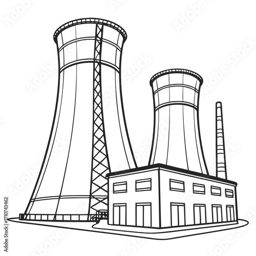 Industrial power plant with two large cooling towers and a factory building with a chimney