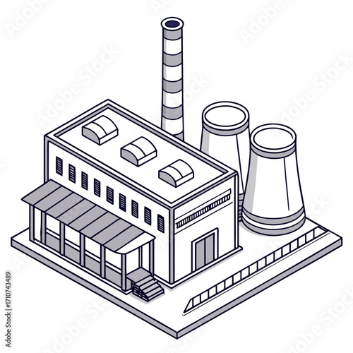 Isometric illustration of a modern industrial factory building with a tall smokestack and cooling towers on a white background