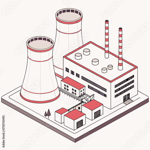 Isometric illustration of a modern industrial power plant with cooling towers and factory buildings in a clean minimalist style