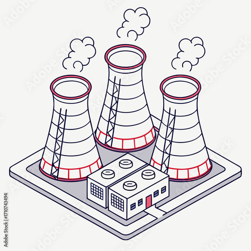 Isometric illustration of a power plant with three cooling towers emitting steam and a connected industrial building