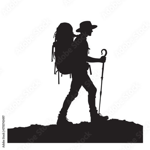 Hiker silhouette with backpack and walking stick