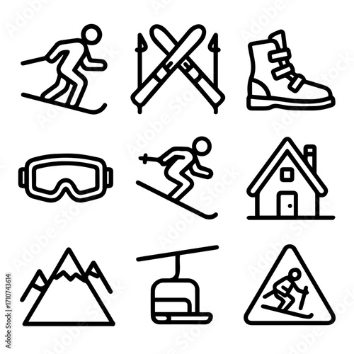 Winter Sports and Mountain Icons Skiing Cabin and Gear in Black Outline.