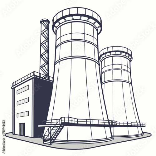 Stylized illustration of a modern industrial power plant with two large cooling towers and a chimney