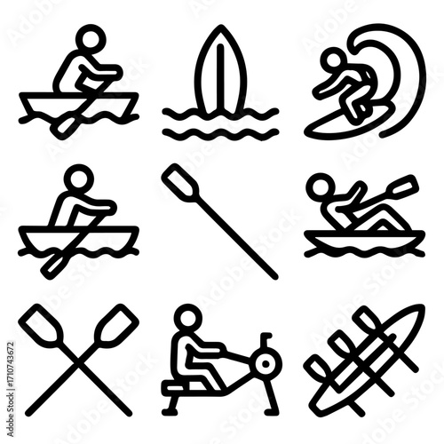 Water Sports and Rowing Icons Surfing Kayaking and Exercise Equipment.