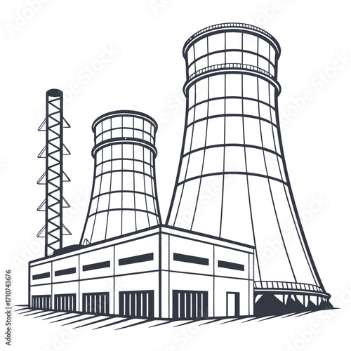 Stylized illustration of a power plant with two large cooling towers and a smokestack