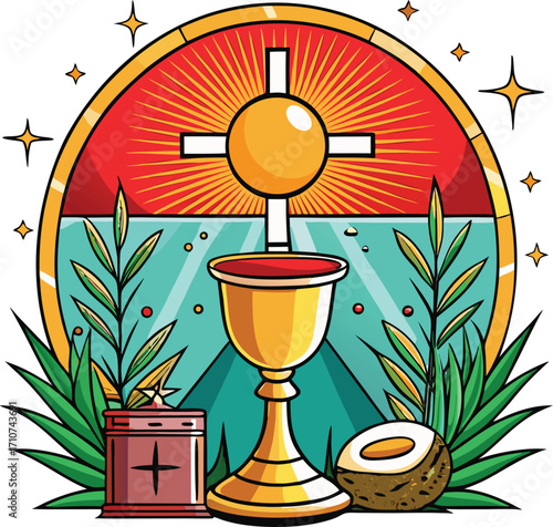 Stylized Chalice Cross Sun Rays Palm Leaves and Coconut on White Background vector