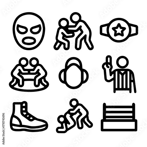 Wrestling Icons Masked Wrestler Match Championship Belt Referee and Ring.