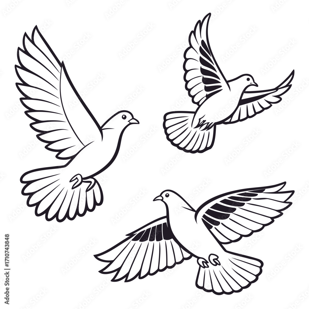 Obraz premium Three stylized black and white line art doves in flight with spread wings and tails on a white background
