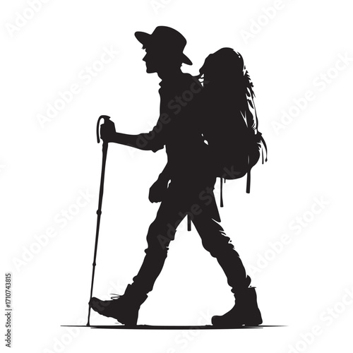 Hiker silhouette with backpack and walking stick
