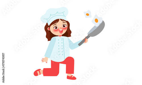 Young chef girl in a chef's uniform holding a frying pan with eggs cooking in the air.