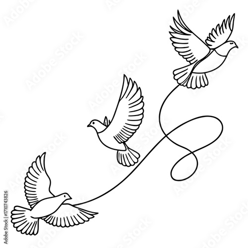 Three elegant line art doves in flight gracefully soaring across a white background with a continuous flowing line