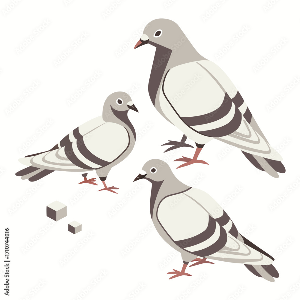 Fototapeta premium Three stylized pigeons with gray and white feathers stand on a white background with small cubes